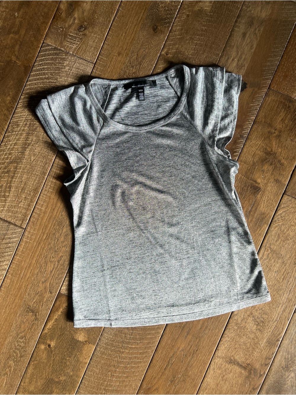 White House Black Market Silver Shimmer Top with Scalloped Sleeves